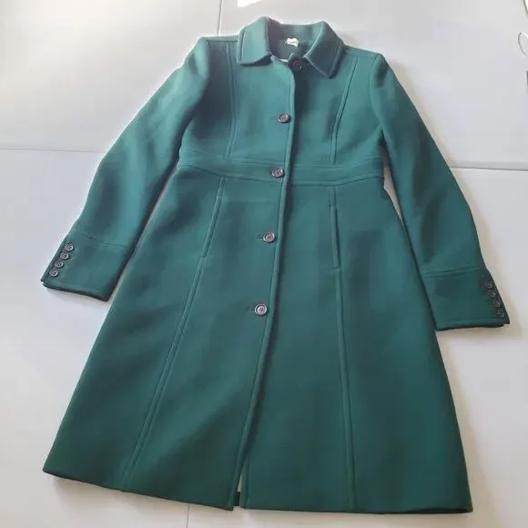 J.Crew Coat Womens T10 Green Wool Long Single Breasted Button Front Overcoat - Picture 1 of 8